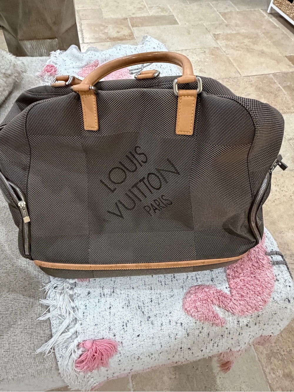 Louis Vuitton Brown Checkerboard Duffel with Tan Leather Handles